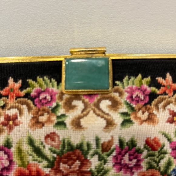 Vintage Petite Point Black Floral Needlepoint Bag with Jade-like Stone Clasp - Picture 3 of 16